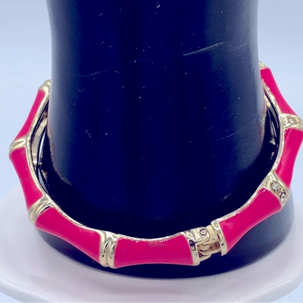 Fornash Hot Pink Enamel Clear Rhinestones Bamboo Design Magnetic Hinged Bracelet